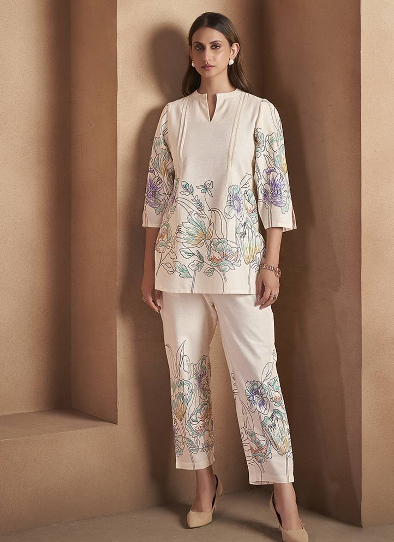 White floral printed pure cotton co-ord set