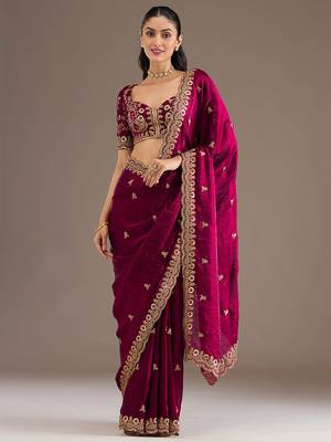 Astonishing Maroon Embroidered Tissue Silk Wedding Wear Saree With Blouse 1