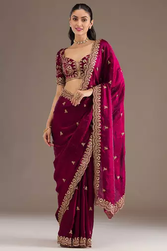 Astonishing Maroon Embroidered Tissue Silk Wedding Wear Saree With Blouse