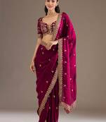 Astonishing Maroon Embroidered Tissue Silk Wedding Wear Saree With Blouse