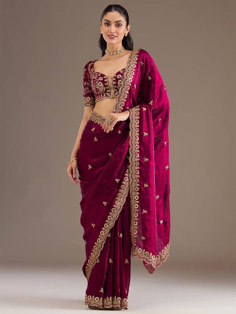 Astonishing Maroon Embroidered Tissue Silk Wedding Wear Saree With Blouse