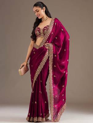 Astonishing Maroon Embroidered Tissue Silk Wedding Wear Saree With Blouse 2