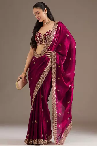 Astonishing Maroon Embroidered Tissue Silk Wedding Wear Saree With Blouse