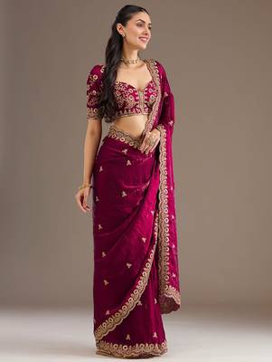Astonishing Maroon Embroidered Tissue Silk Wedding Wear Saree With Blouse 3