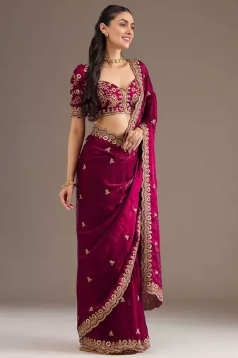 Astonishing Maroon Embroidered Tissue Silk Wedding Wear Saree With Blouse