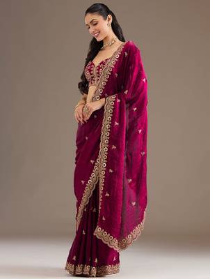 Astonishing Maroon Embroidered Tissue Silk Wedding Wear Saree With Blouse 4