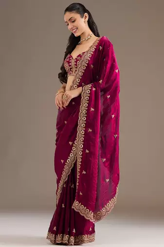 Astonishing Maroon Embroidered Tissue Silk Wedding Wear Saree With Blouse