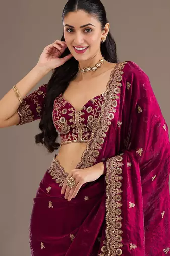 Astonishing Maroon Embroidered Tissue Silk Wedding Wear Saree With Blouse