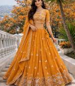 mustard orange embroidered crush silk lehenga choli