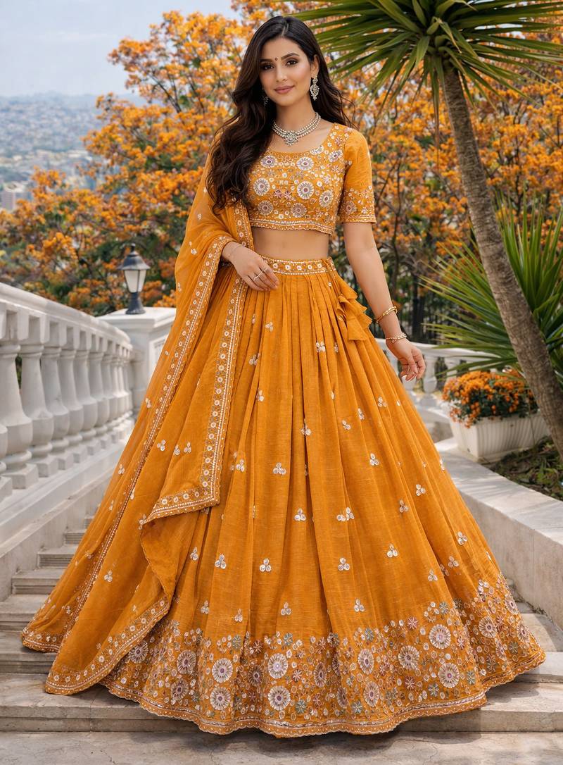 mustard orange embroidered crush silk lehenga choli