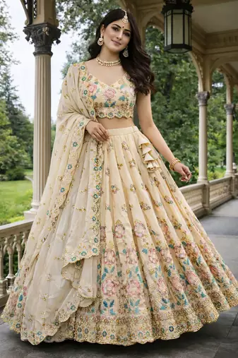 beige shimmer tissue lehenga choli