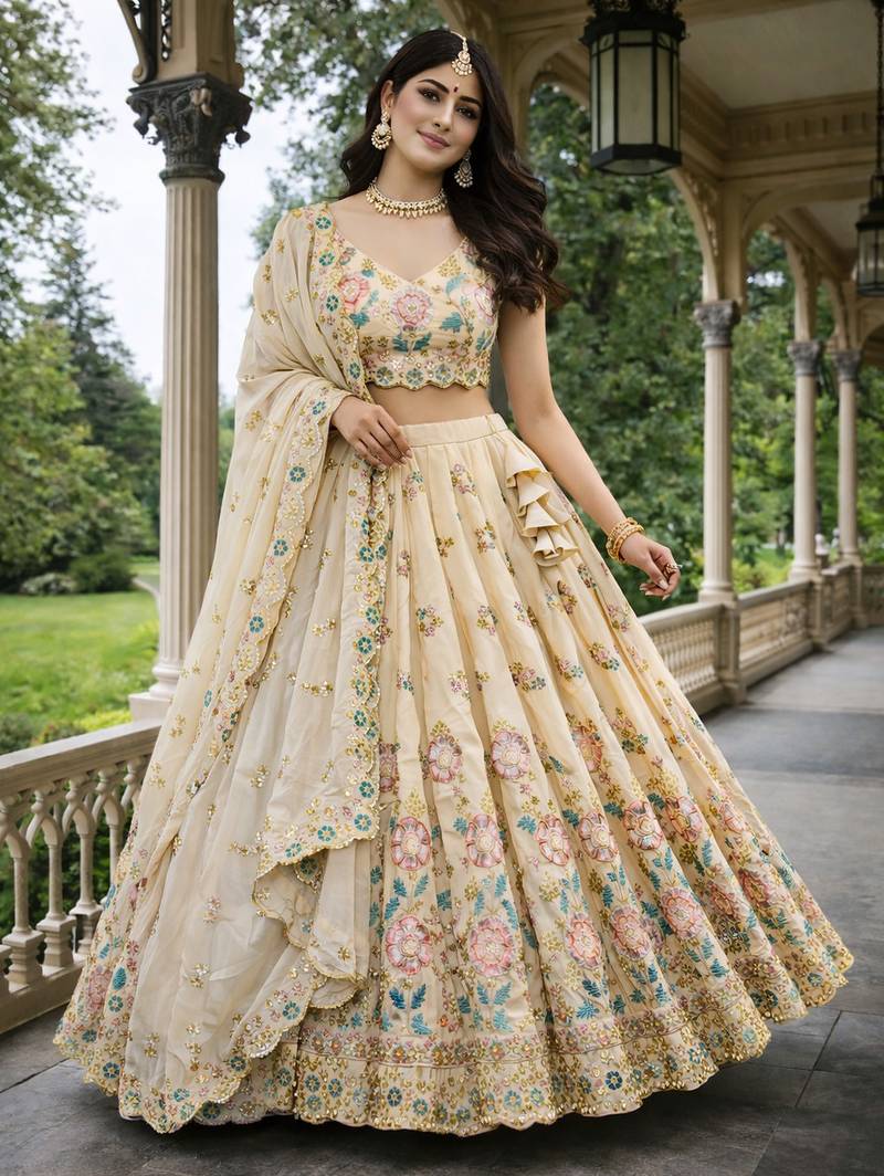 beige shimmer tissue lehenga choli