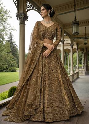 antique gold embroidered lehenga choli with dupatta 1