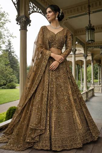 antique gold embroidered lehenga choli with dupatta