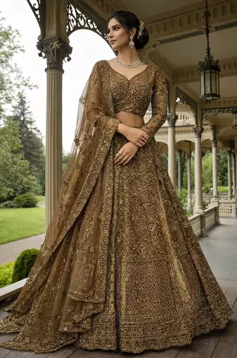 antique gold embroidered lehenga choli with dupatta