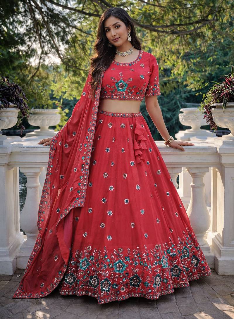 red fendi silk lehenga choli 