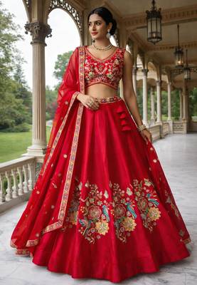 elegant red mono silk lehenga choli  1