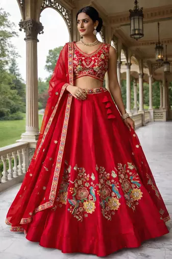 elegant red mono silk lehenga choli 