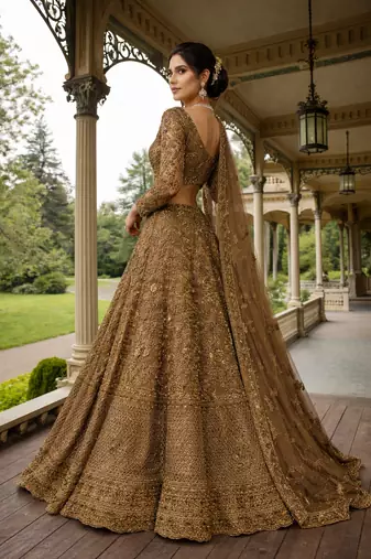 antique gold embroidered lehenga choli with dupatta