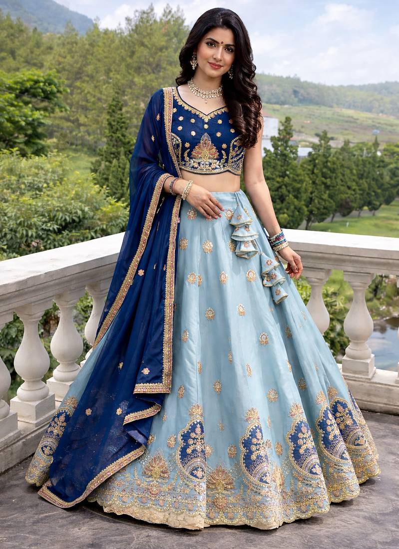 sky blue faux georgette lehenga choli