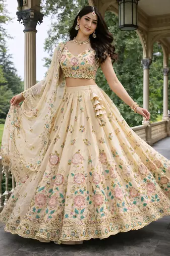 beige shimmer tissue lehenga choli