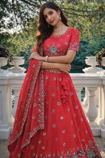 red fendi silk lehenga choli 