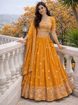 mustard orange embroidered crush silk lehenga choli 2