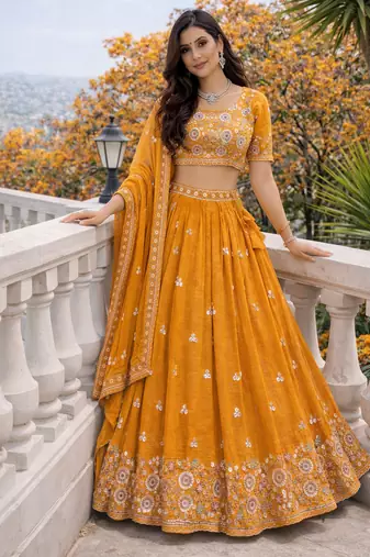 mustard orange embroidered crush silk lehenga choli