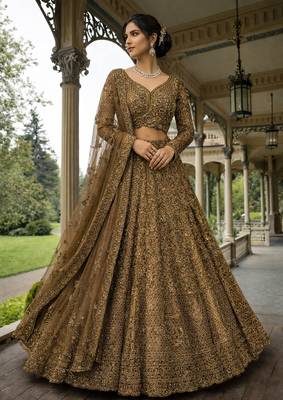 antique gold embroidered lehenga choli with dupatta 3