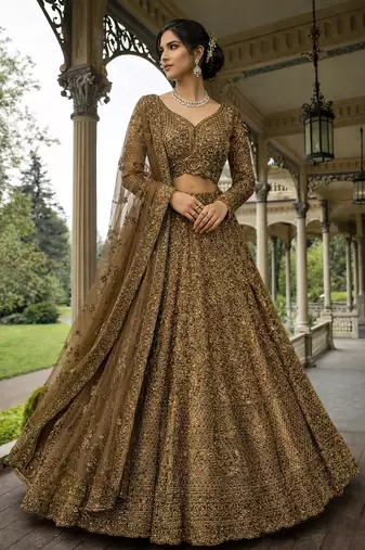 antique gold embroidered lehenga choli with dupatta