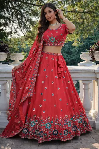 red fendi silk lehenga choli 