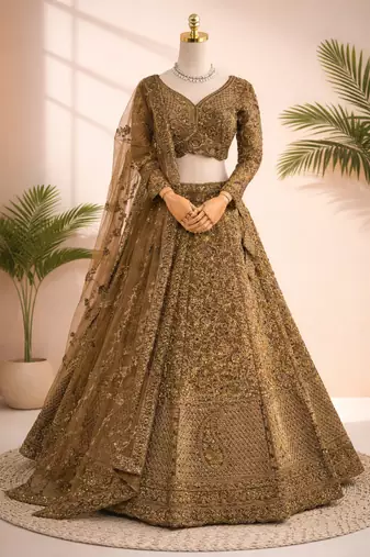 antique gold embroidered lehenga choli with dupatta