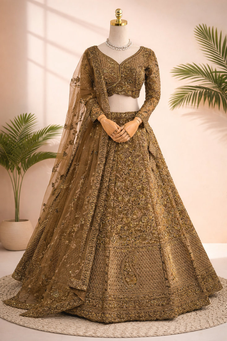 antique gold embroidered lehenga choli with dupatta