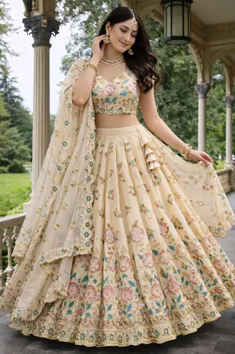 beige shimmer tissue lehenga choli