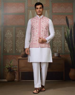 WHITE PINK SILK REAL MIRROR WITH THREAD EMBROIDERED WORK WEDDING FESTIVAL PARTY WEAR STRAIGHT KURTA WITH JACKE AND PANT 7