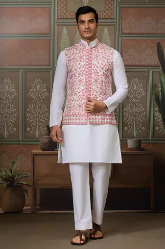 WHITE PINK SILK REAL MIRROR WITH THREAD EMBROIDERED WORK WEDDING FESTIVAL PARTY WEAR STRAIGHT KURTA WITH JACKE AND PANT