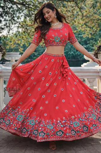 red fendi silk lehenga choli 