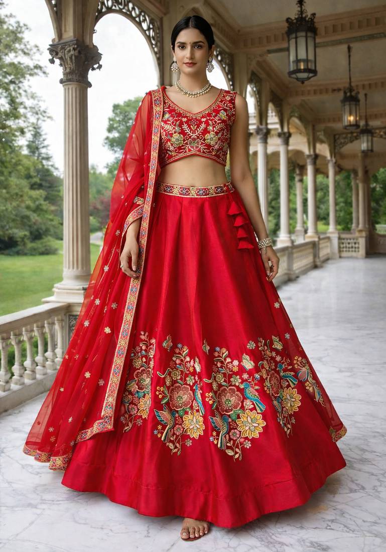 elegant red mono silk lehenga choli 