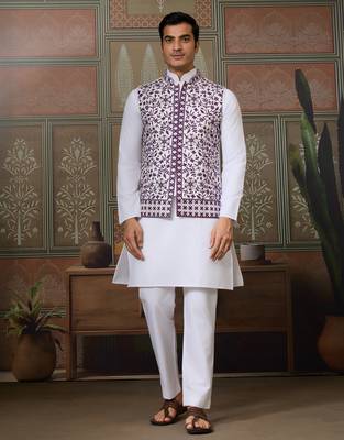WHITE PURPLE SILK REAL MIRROR WITH THREAD EMBROIDERED WORK FESTIVAL PARTY WEAR STRAIGHT KURTA WITH JACKE AND PANT 7