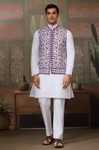WHITE PURPLE SILK REAL MIRROR WITH THREAD EMBROIDERED WORK FESTIVAL PARTY WEAR STRAIGHT KURTA WITH JACKE AND PANT