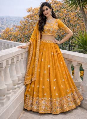 mustard orange embroidered crush silk lehenga choli 3