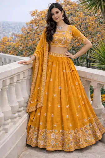 mustard orange embroidered crush silk lehenga choli
