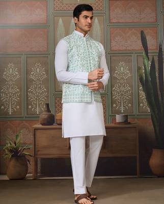 WHITE GREEN SILK REAL MIRROR WITH THREAD EMBROIDERED WORK WEDDING FESTIVAL PARTY WEAR STRAIGHT KURTA WITH JACKE AND PANT 7