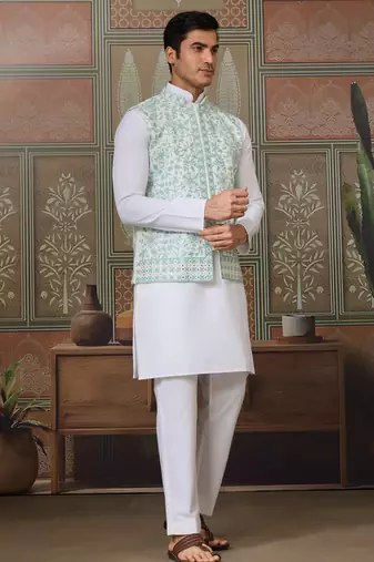 WHITE GREEN SILK REAL MIRROR WITH THREAD EMBROIDERED WORK WEDDING FESTIVAL PARTY WEAR STRAIGHT KURTA WITH JACKE AND PANT