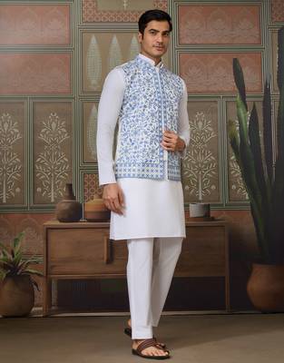 WHITE BLUE SILK REAL MIRROR WITH THREAD EMBROIDERED WORK WEDDING FESTIVAL PARTY WEAR STRAIGHT KURTA WITH JACKE AND PANT 7