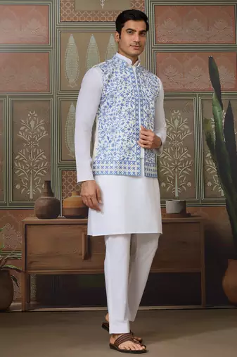 WHITE BLUE SILK REAL MIRROR WITH THREAD EMBROIDERED WORK WEDDING FESTIVAL PARTY WEAR STRAIGHT KURTA WITH JACKE AND PANT