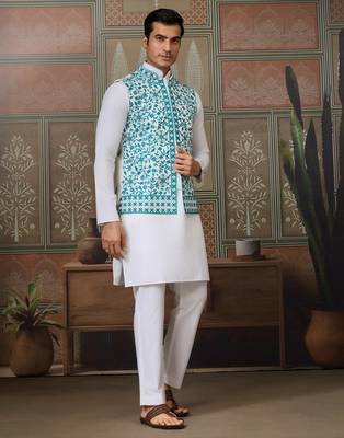 WHITE TURQUOISE SILK REAL MIRROR WITH THREAD EMBROIDERED WORK FESTIVAL PARTY WEAR STRAIGHT KURTA WITH JACKE AND PANT 7