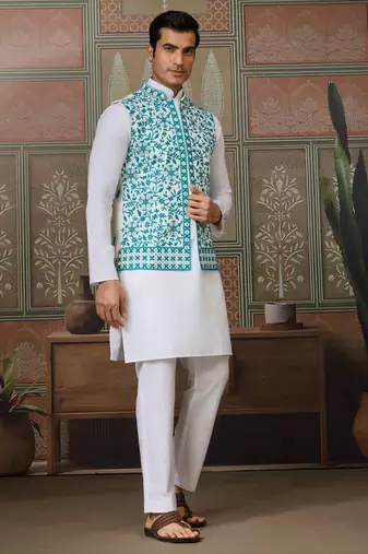 WHITE TURQUOISE SILK REAL MIRROR WITH THREAD EMBROIDERED WORK FESTIVAL PARTY WEAR STRAIGHT KURTA WITH JACKE AND PANT