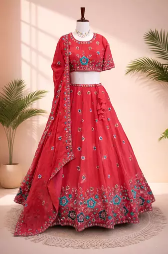 red fendi silk lehenga choli 