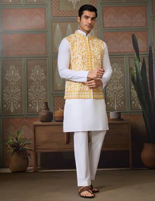 WHITE YELLOW SILK REAL MIRROR WITH THREAD EMBROIDERED WORK FESTIVAL PARTY WEAR STRAIGHT KURTA WITH JACKE AND PANT 7